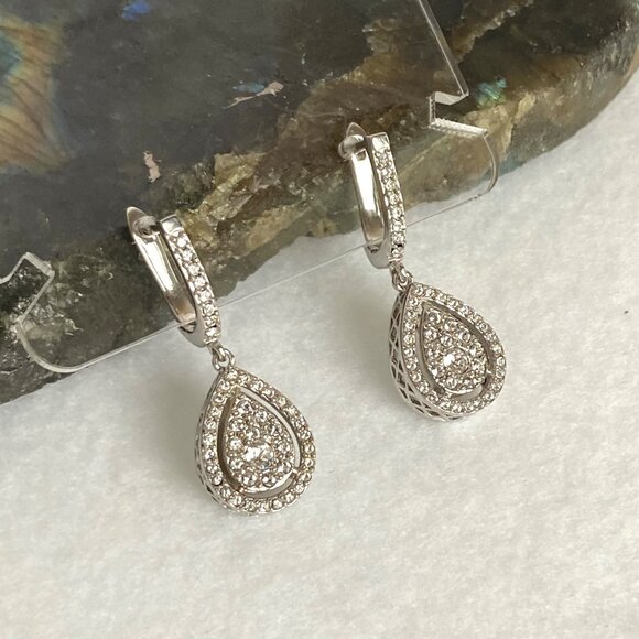 Sterling Silver 925 Cubic Zirconia CZ Teardrop Dangle Earrings Hinged Back - Picture 2 of 16